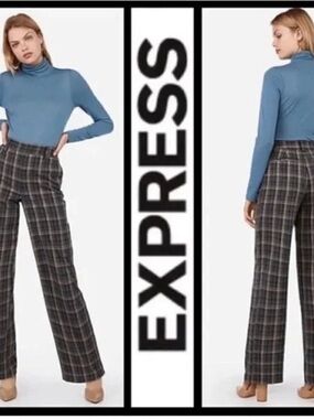 Express Gray Plaid High-Rise Wide-Leg Trousers